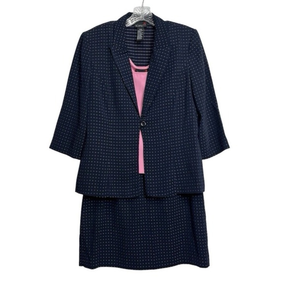 Scarlett Vintage Women's Size 9/10 Suit 3pc Set Skirt Blazer Tank Navy Blue Pink